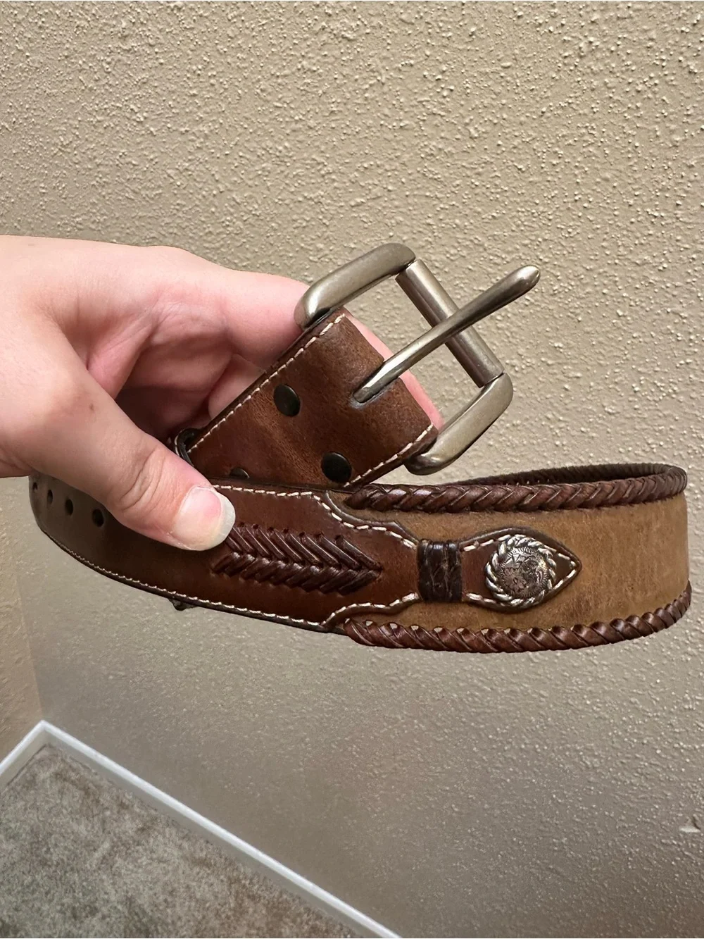 Nocona Genuine Leather Western Belt Silver Tone Brown Tan Size 30 Cowboy Rodeo